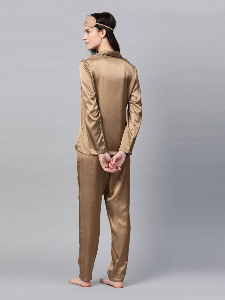 Women Golden Satin Finish Solid Night Suit with Eye Mask