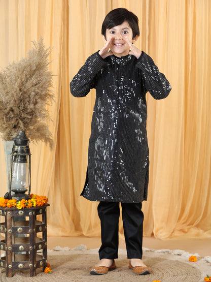 Piccolo Boy's Black Sequence Kurta Pyjama Set
