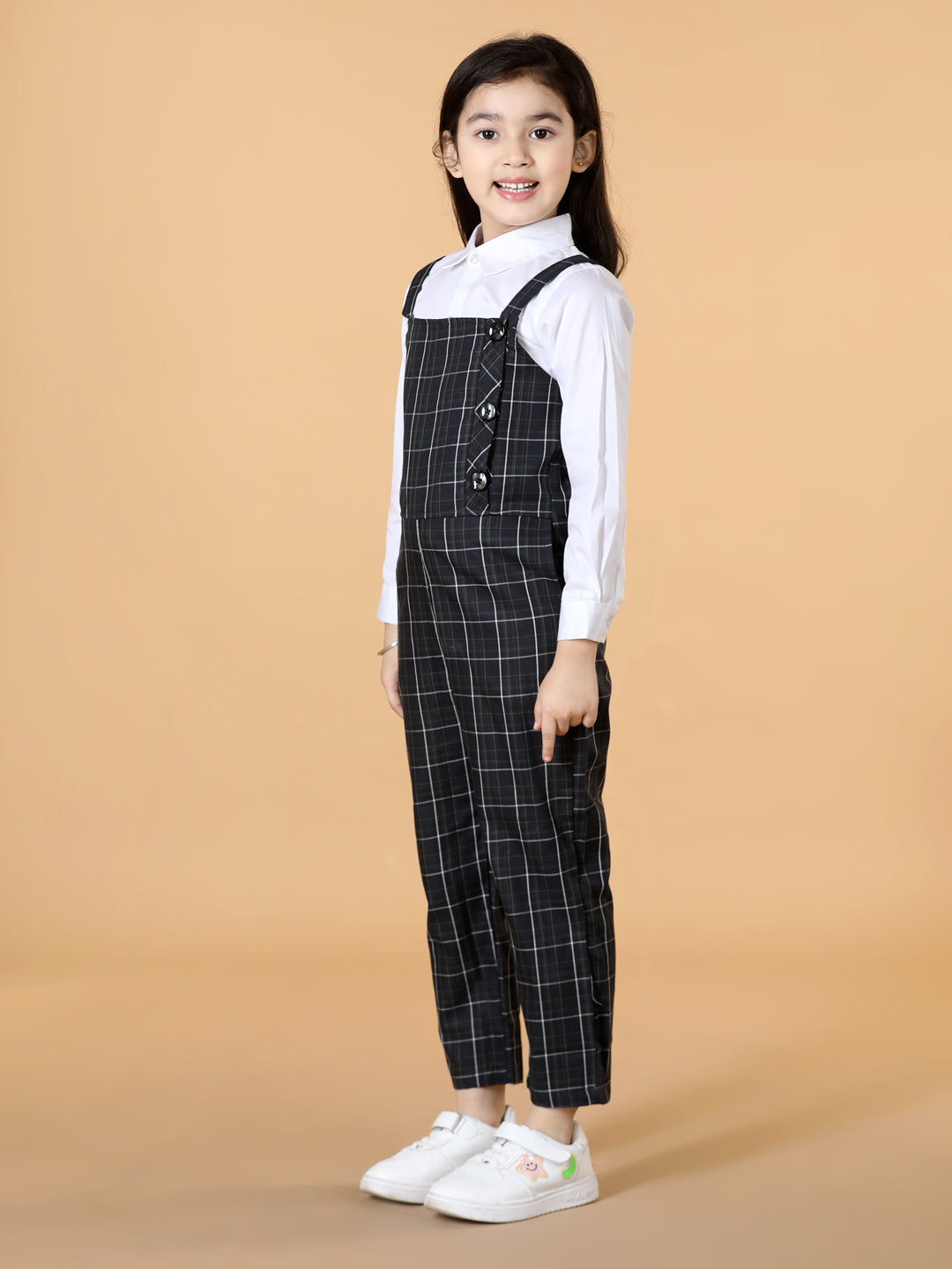 Girls Top with Checked Dungaree Set