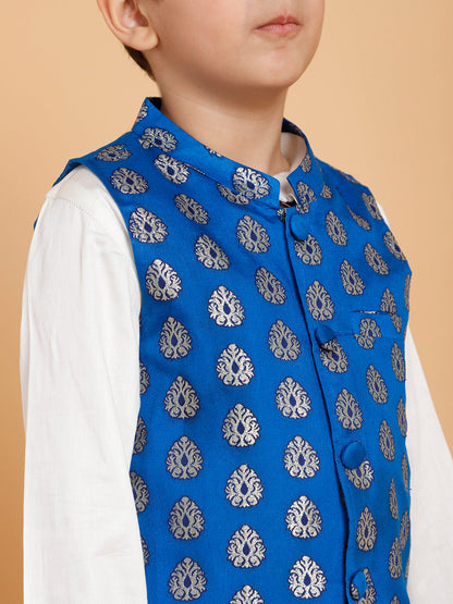 Cream Kurta Pyjama with Blue Jacket Printed (Set of 3)