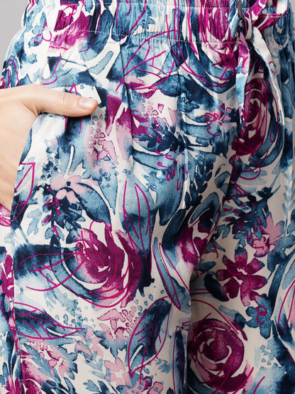 Women Floral Printed Lapel Collar 2 Piece Night suit