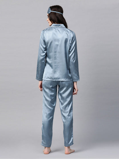 Women Blue Solid Night Suit With Eye Mask