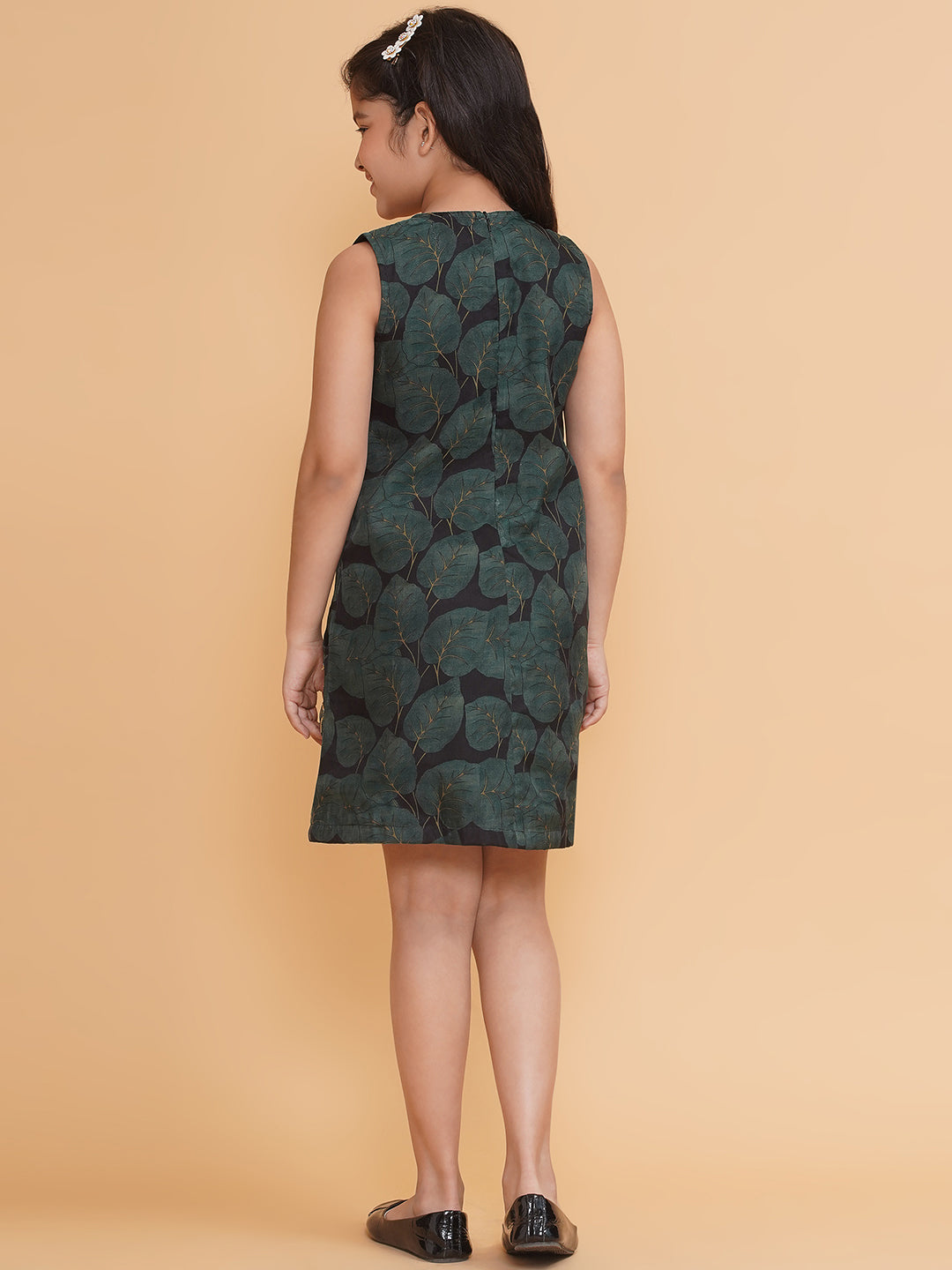 V Neck Organza Dress with hand Embroidered Pockets- Green
