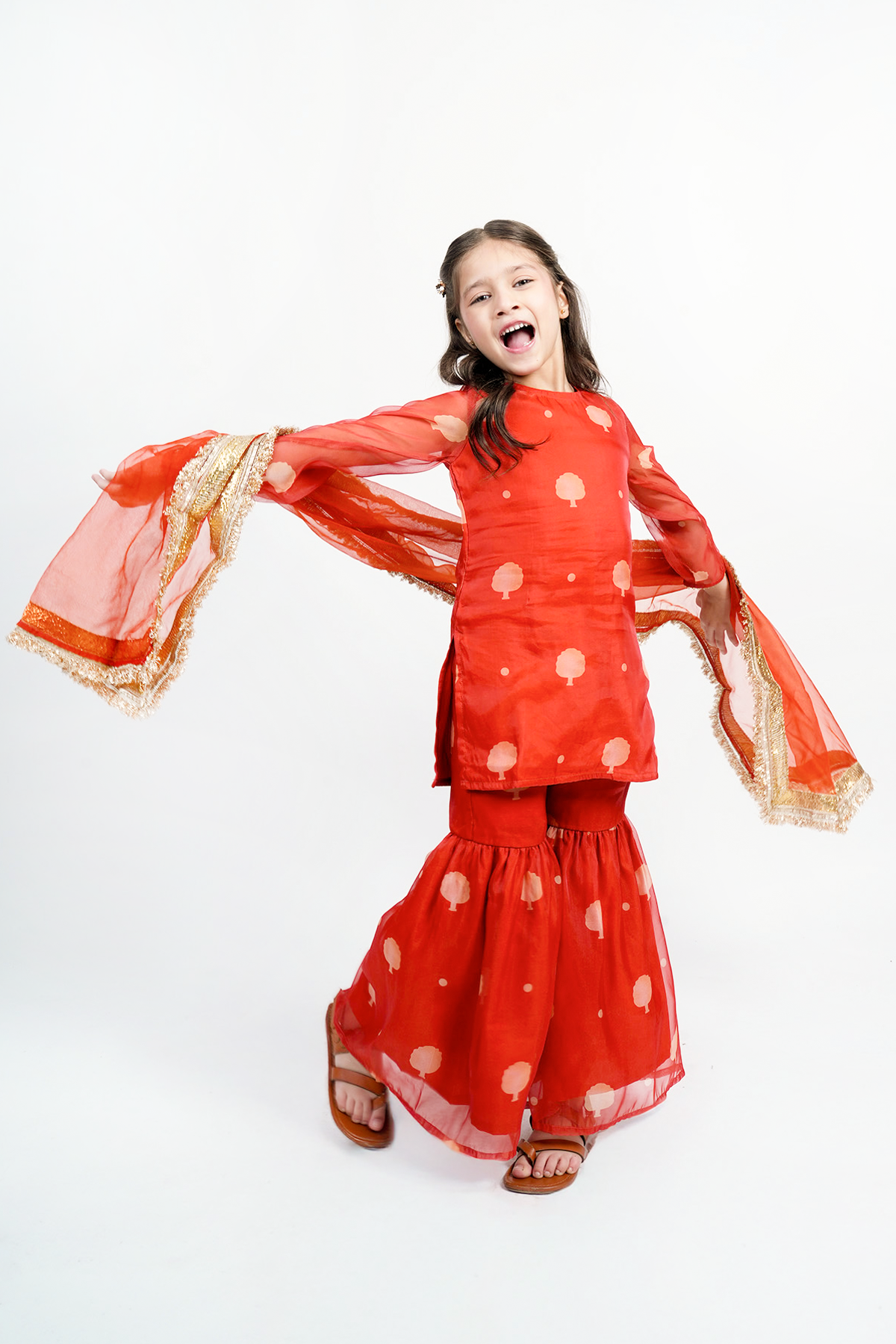 Piccolo Organza Printed Kurta, Sharara & Dupatta Set-Orange