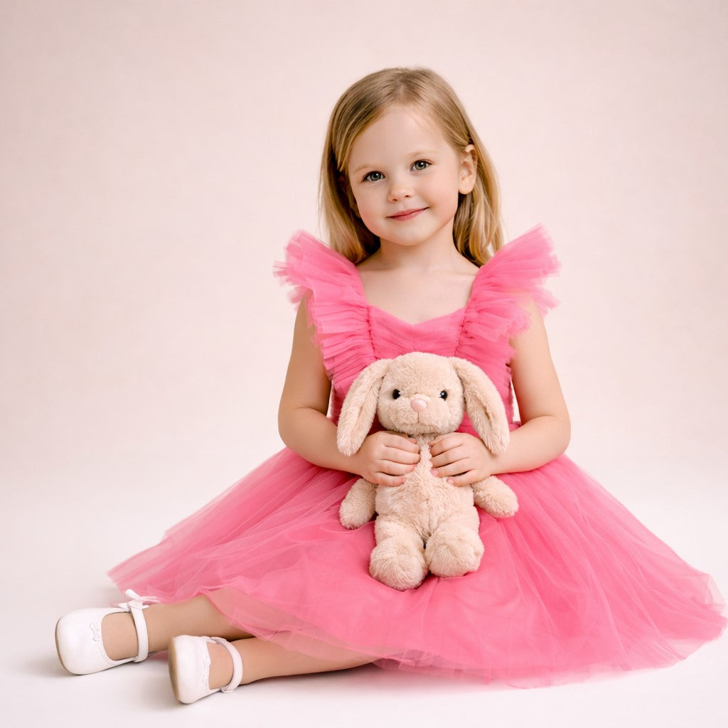 Piccolo Girls V-Neck Pleated Net Fit & Flare Dress -Peach