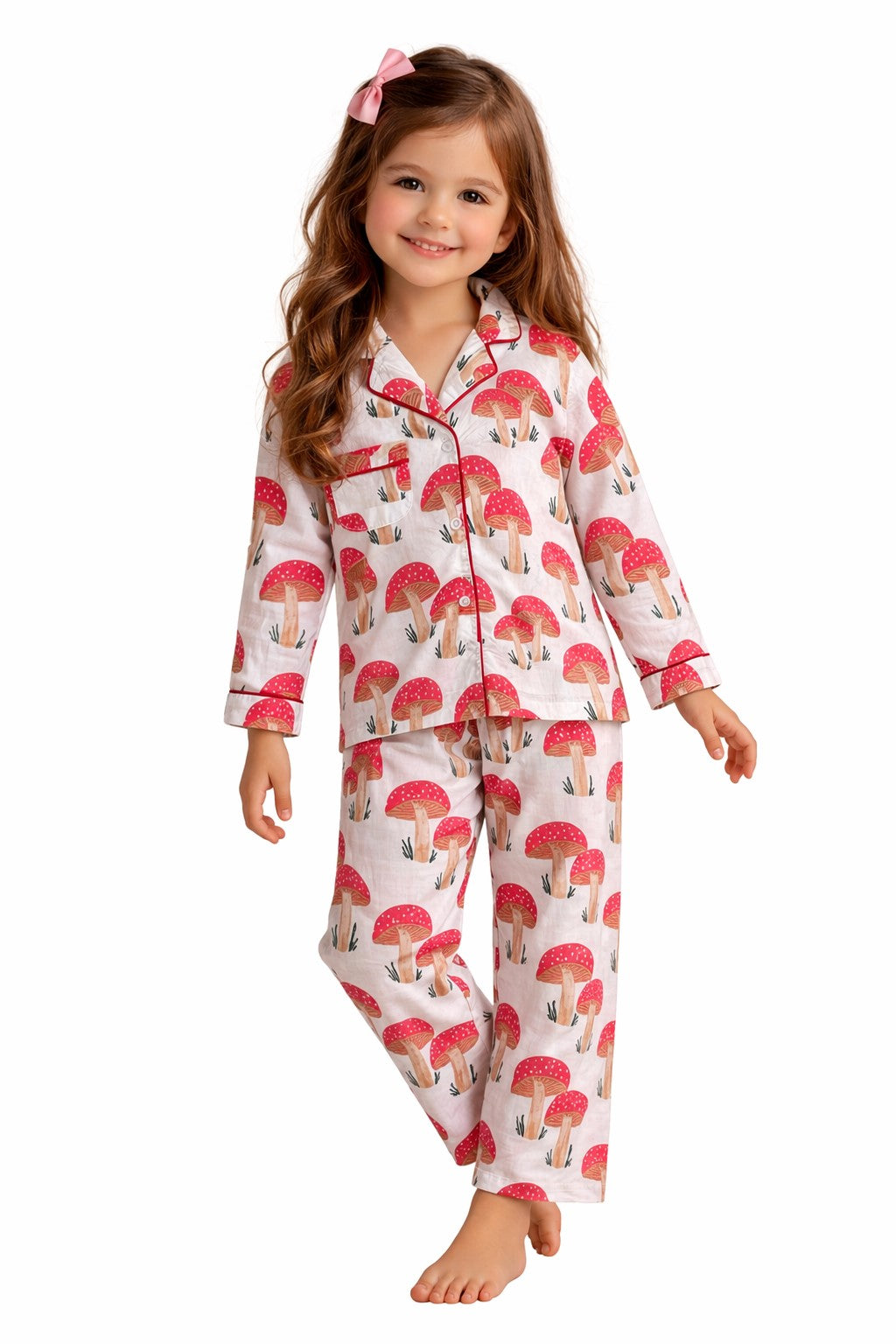 White Mushroom Print Pure Cotton Night Suit Set for Girls (Shirt & Pyjama)