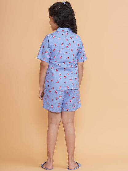 Girls Printed Blue Shirt and Shorts Night Suit With Slip Ons