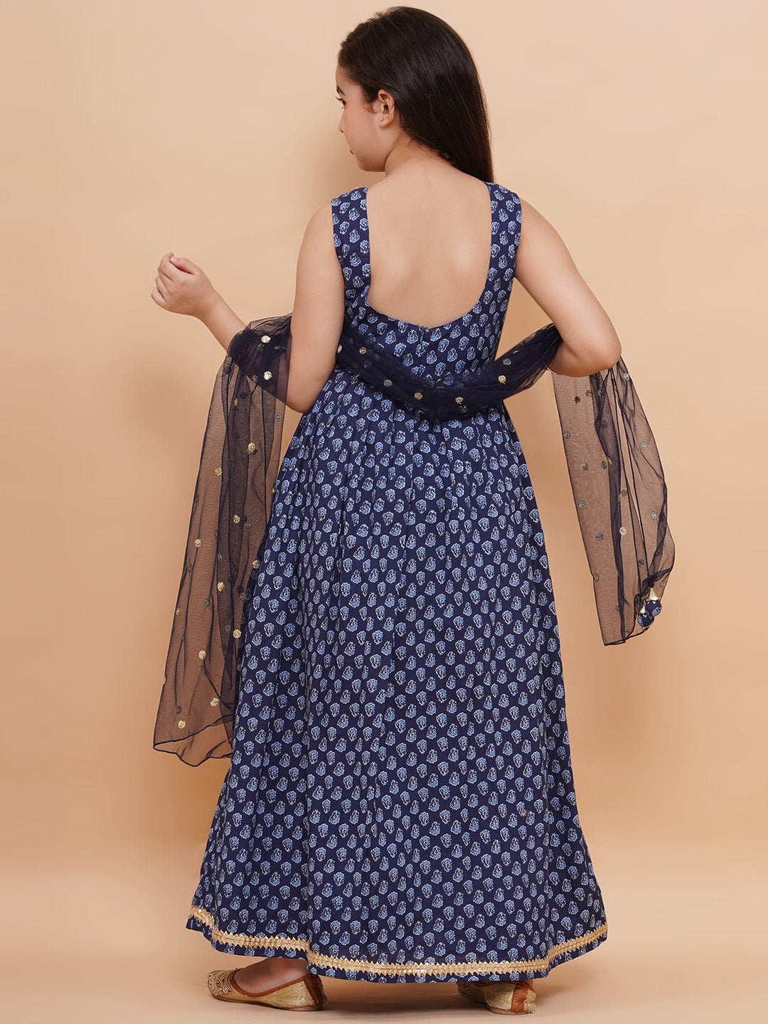 Printed Cotton Long Kurta with and Dupatta Blue