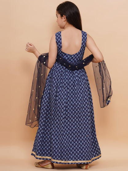 Printed Cotton Long Kurta with and Dupatta Blue