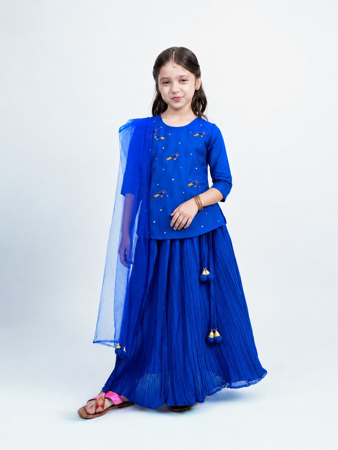 Piccolo Embellished Top, Pleated Lehenga & Net Dupatta Set-Royal Blue