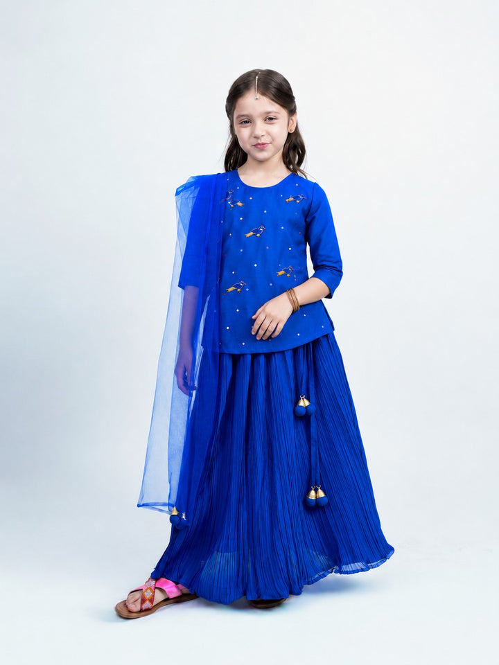 Piccolo Embellished Top, Pleated Lehenga & Net Dupatta Set-Royal Blue