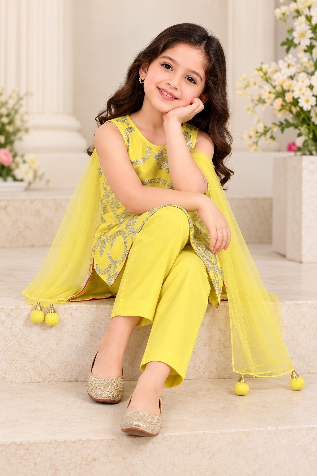 Piccolo Sequins Embroidered Kurta, Pant & Dupatta Set-Yellow