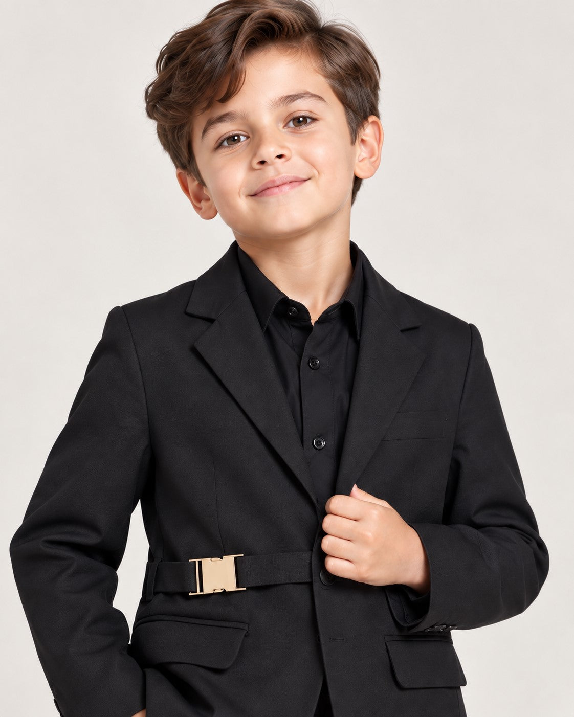 Piccolo-Boys Three-Piece Stylish Solid Party Wear Blazer Suit Set With Belt-Black