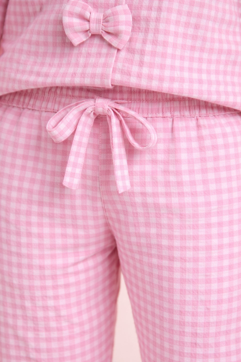 Piccolo Girls Seersucker Checkered Night Suit with Bow Applique- Pink