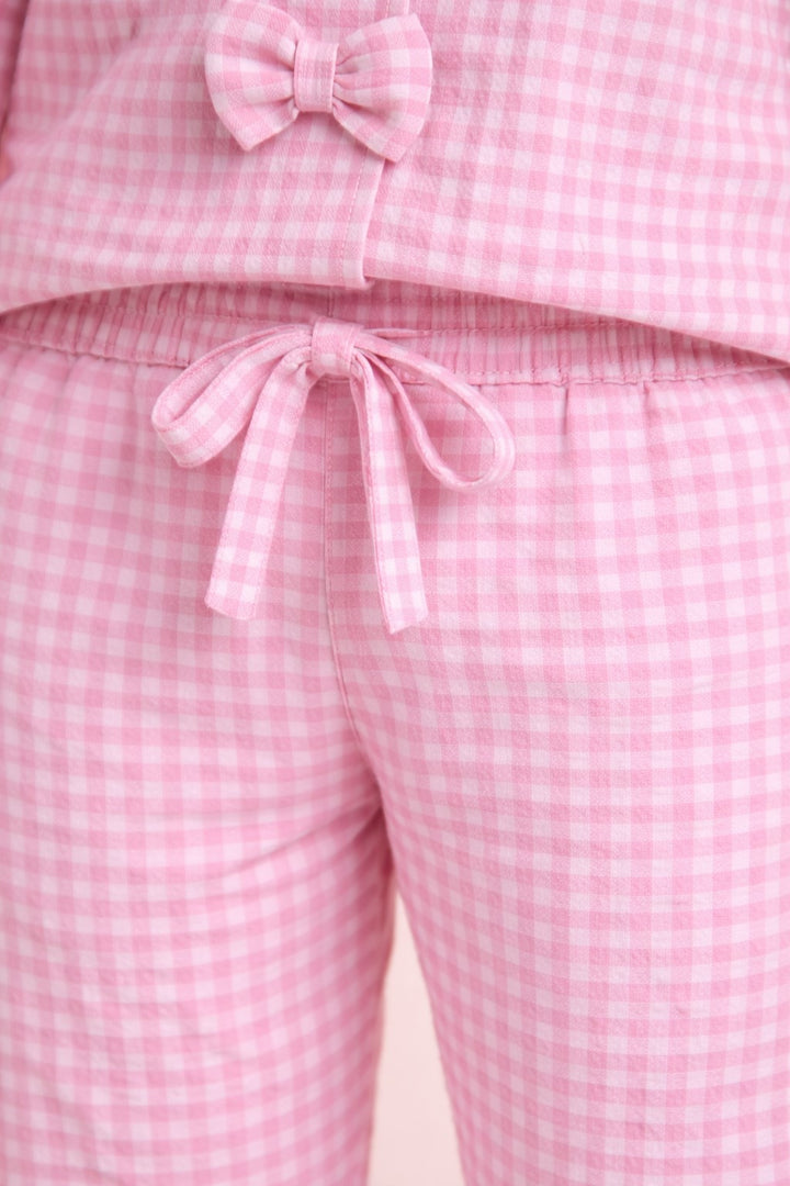 Piccolo Girls Seersucker Checkered Night Suit with Bow Applique- Pink