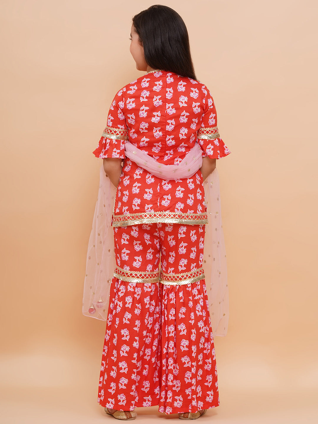 Girls Red Floral Rayon Kurta And Sharara Set With Dupatta