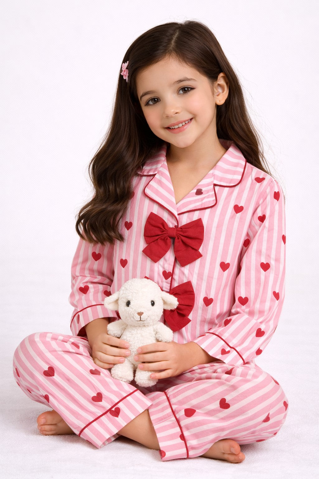 Piccolo Girls Pink Stripe Night Suit with Bow Detail-Pink