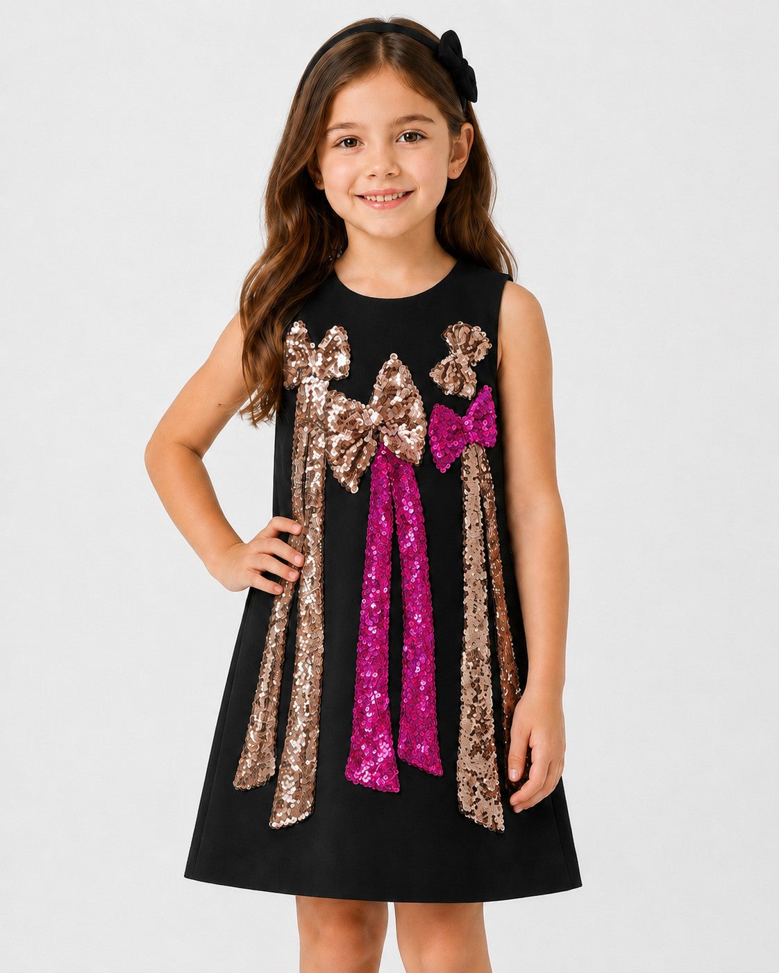 Piccolo Girls Black Sequin Bow A-Line Party Dress