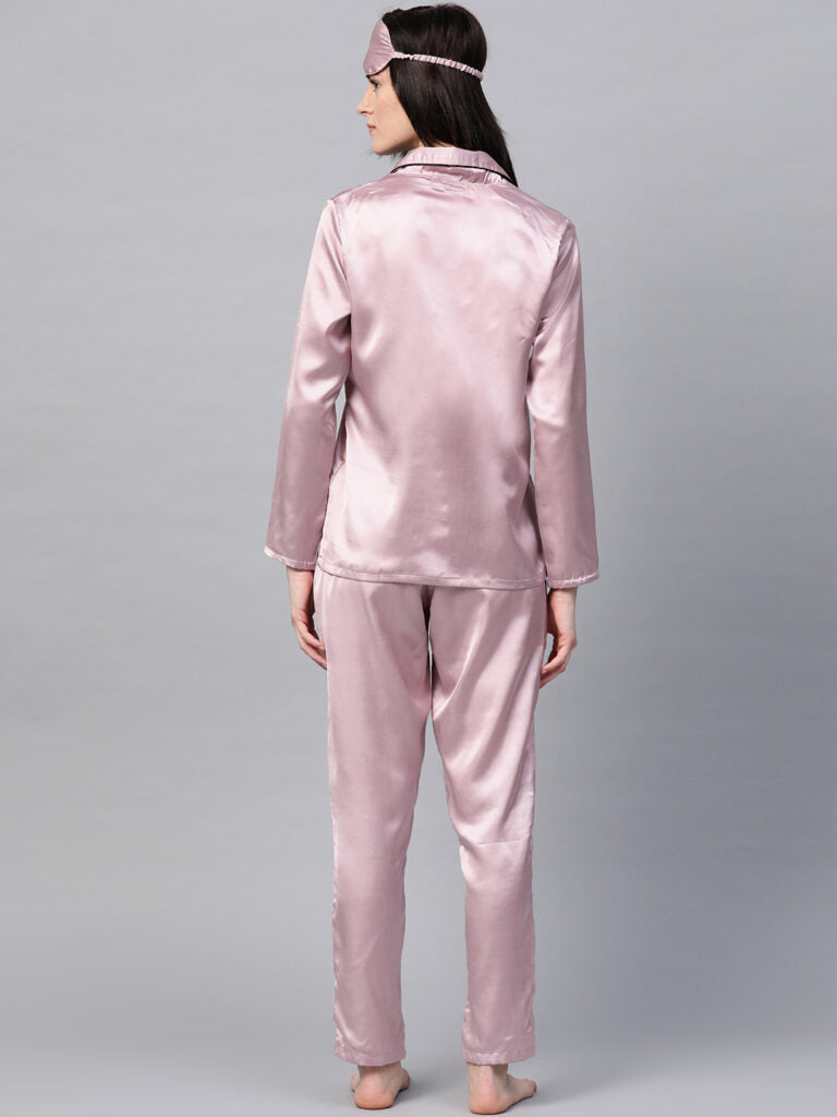 Pink Satin Night Suit With Eye mask