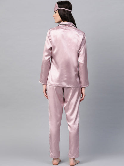 Pink Satin Night Suit With Eye mask