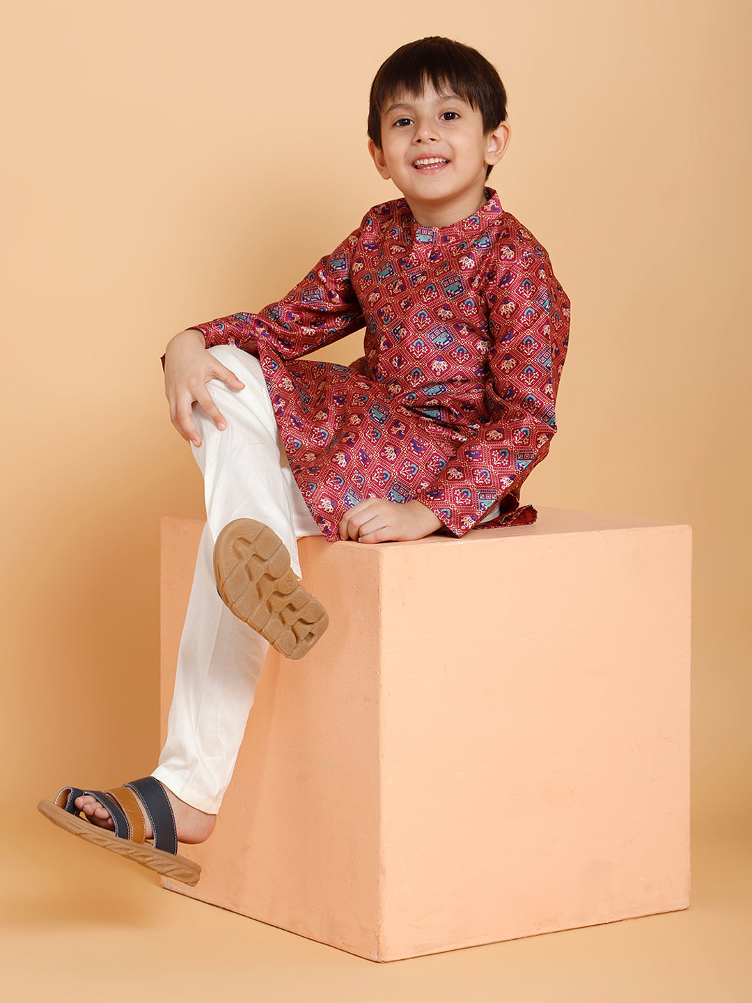 Boys Maroon Piccolo Silk Elephant-Print Kurta Pyjama Set