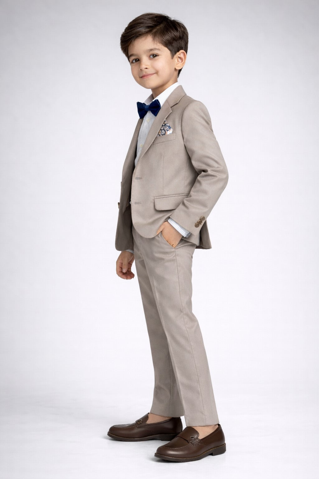 Piccolo-Boys Five-Piece Single-Breasted Blazer, Shirt with Trousers Set -Brown