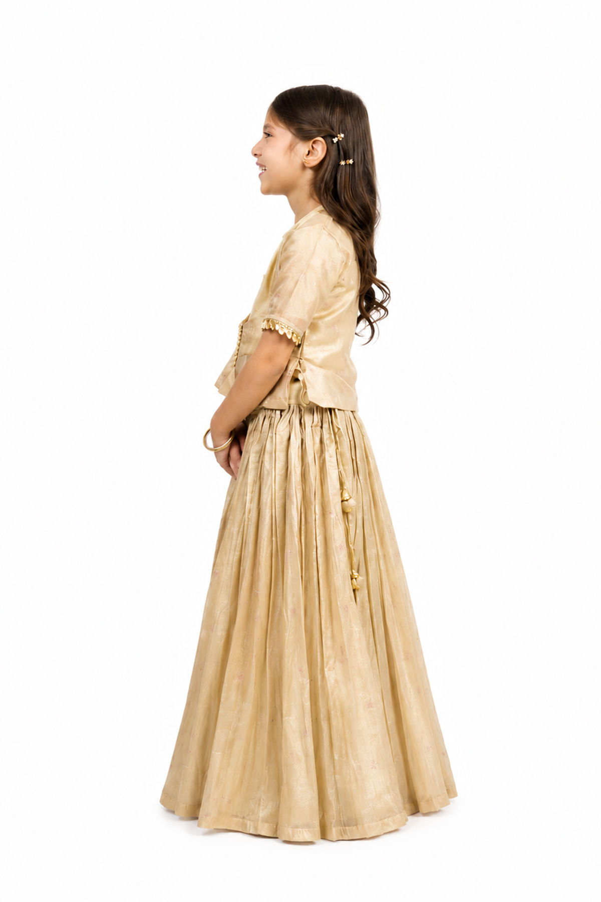 Piccolo Banarasi Silk Lehenga with Embellished Kachli & Appliqué Top-Golden
