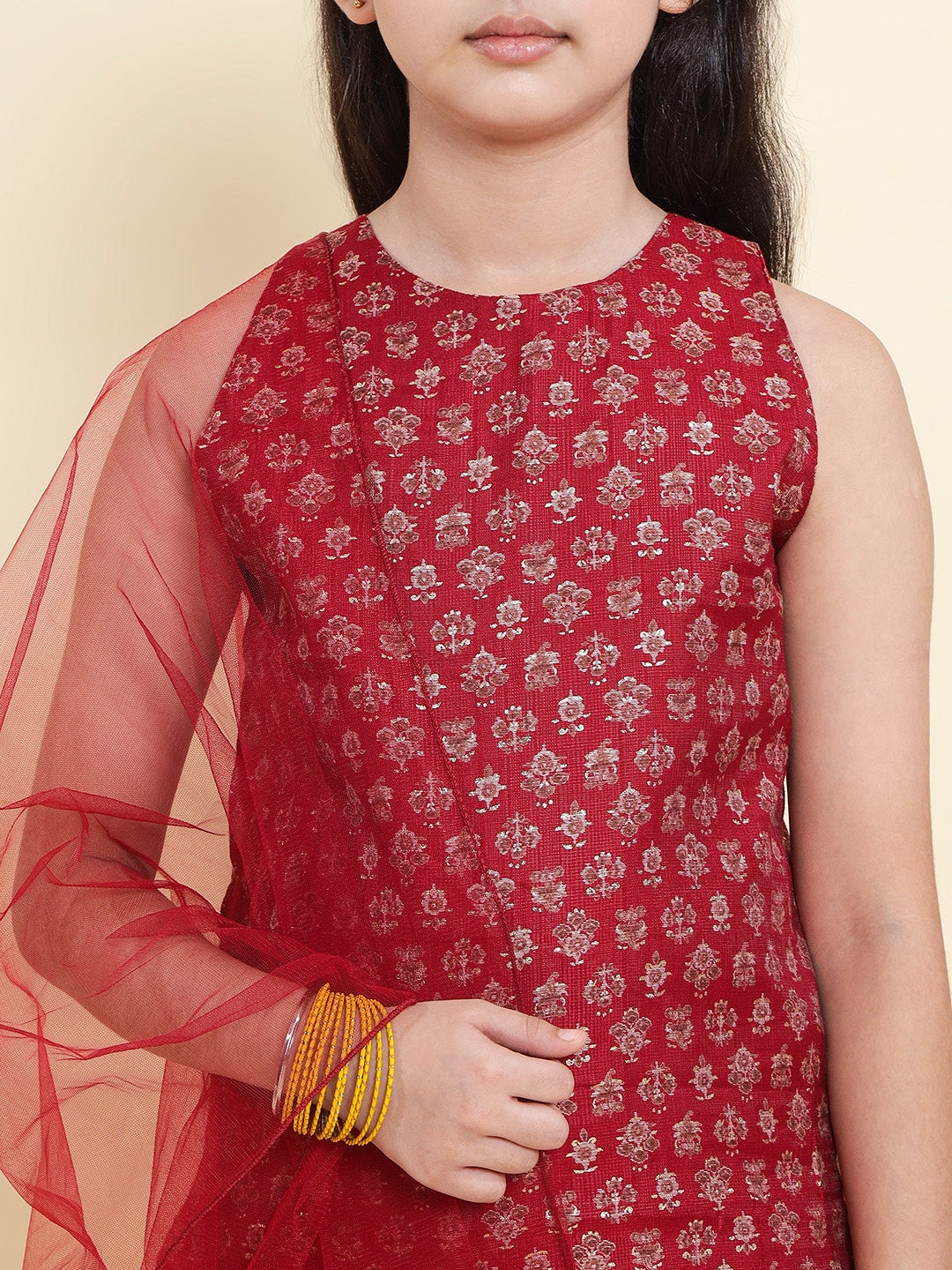 PICCOLO  Printed Kurti & Palazzo with Dupatta-Maroon