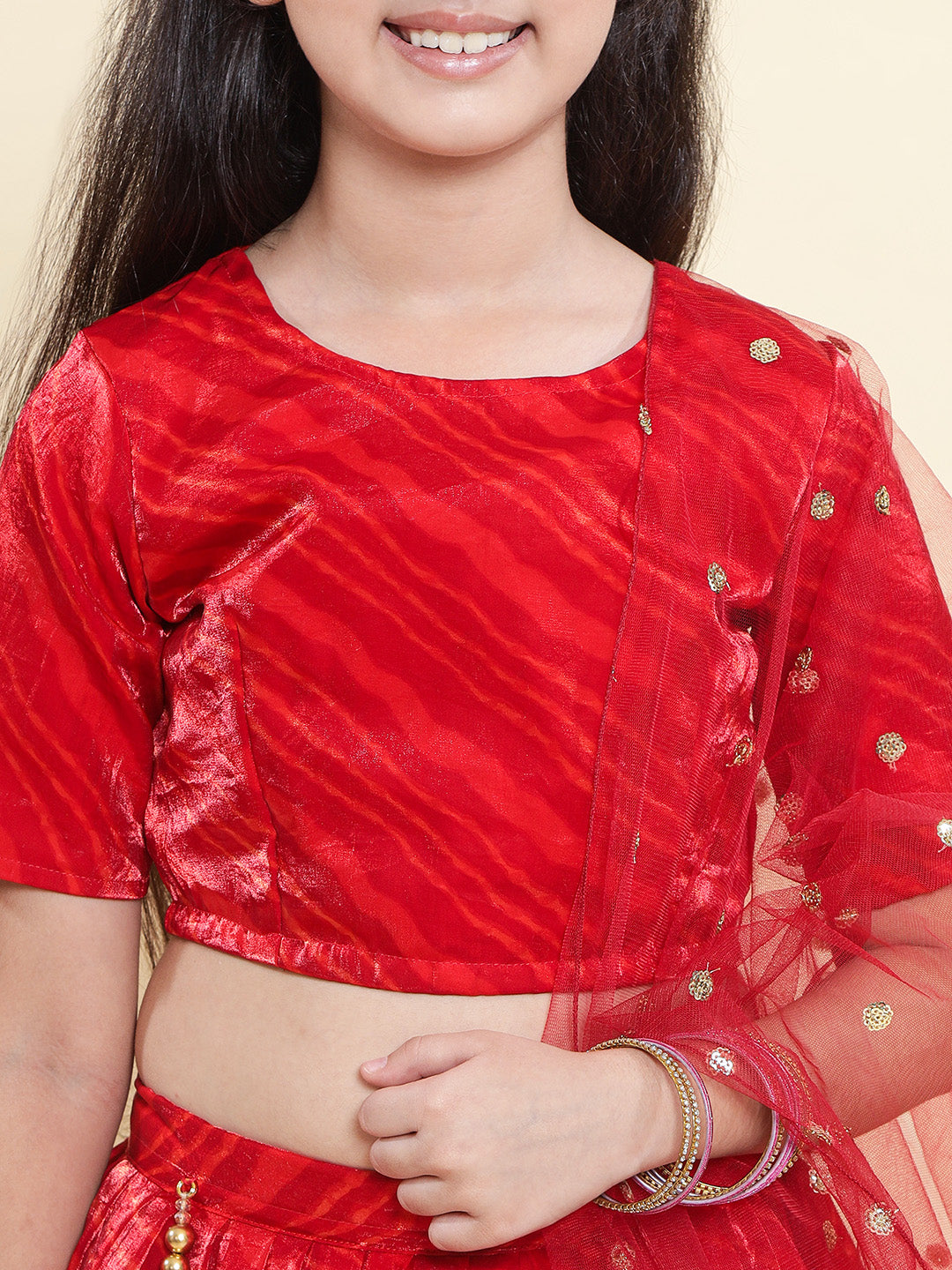 PICCOLO- Tissue Leheriya Printed Lehenga Choli with Embellished Net Dupatta-Red