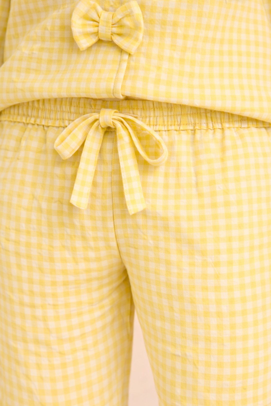 Piccolo Girls Seersucker Checkered Night Suit with Bow Applique-Yellow