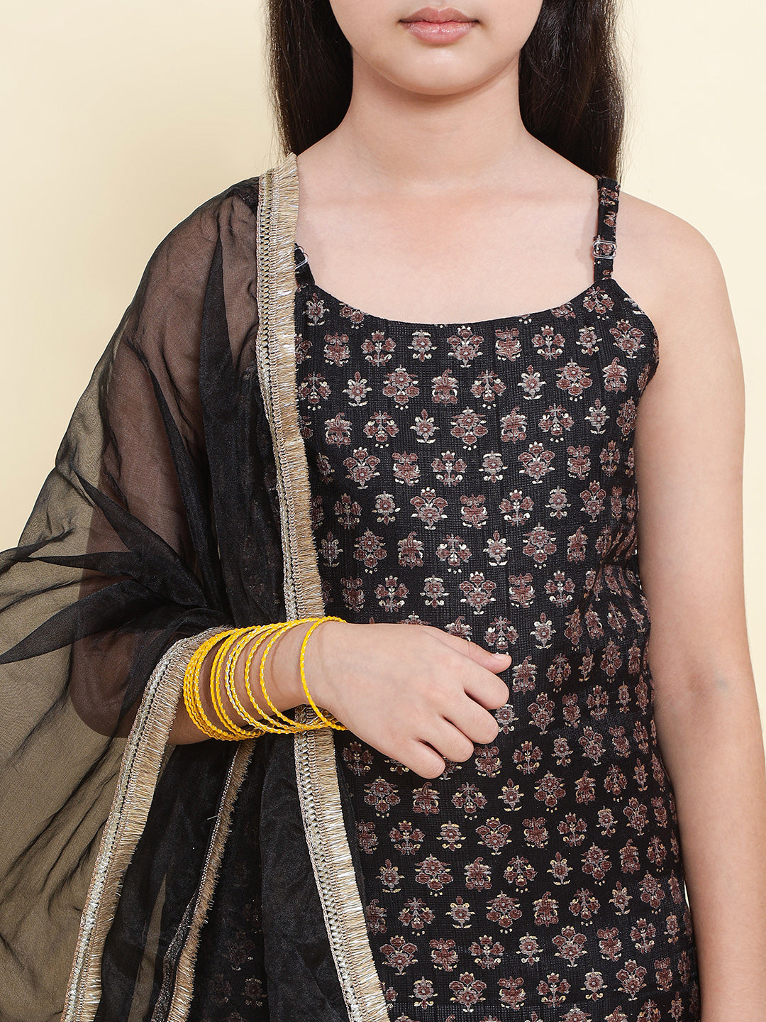 PICCOLO All Over Printed Kurti & Sharara with Dupatta-Black