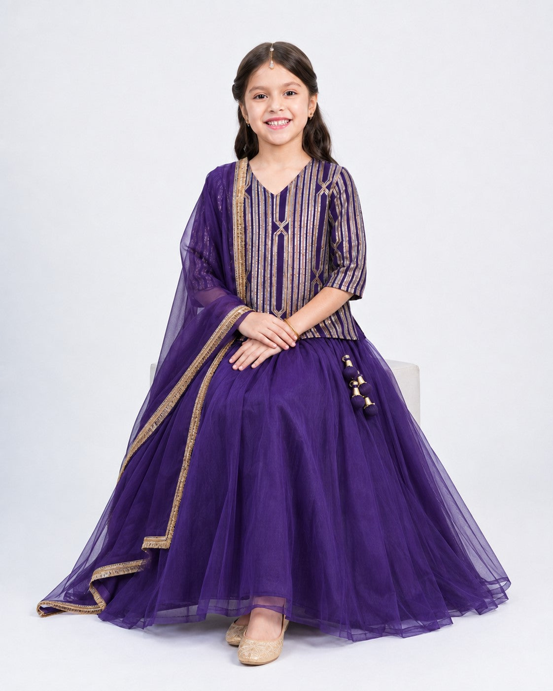 Piccolo Gota Stripe Short Kurta, Organza Lehenga & Dupatta Set-Purple