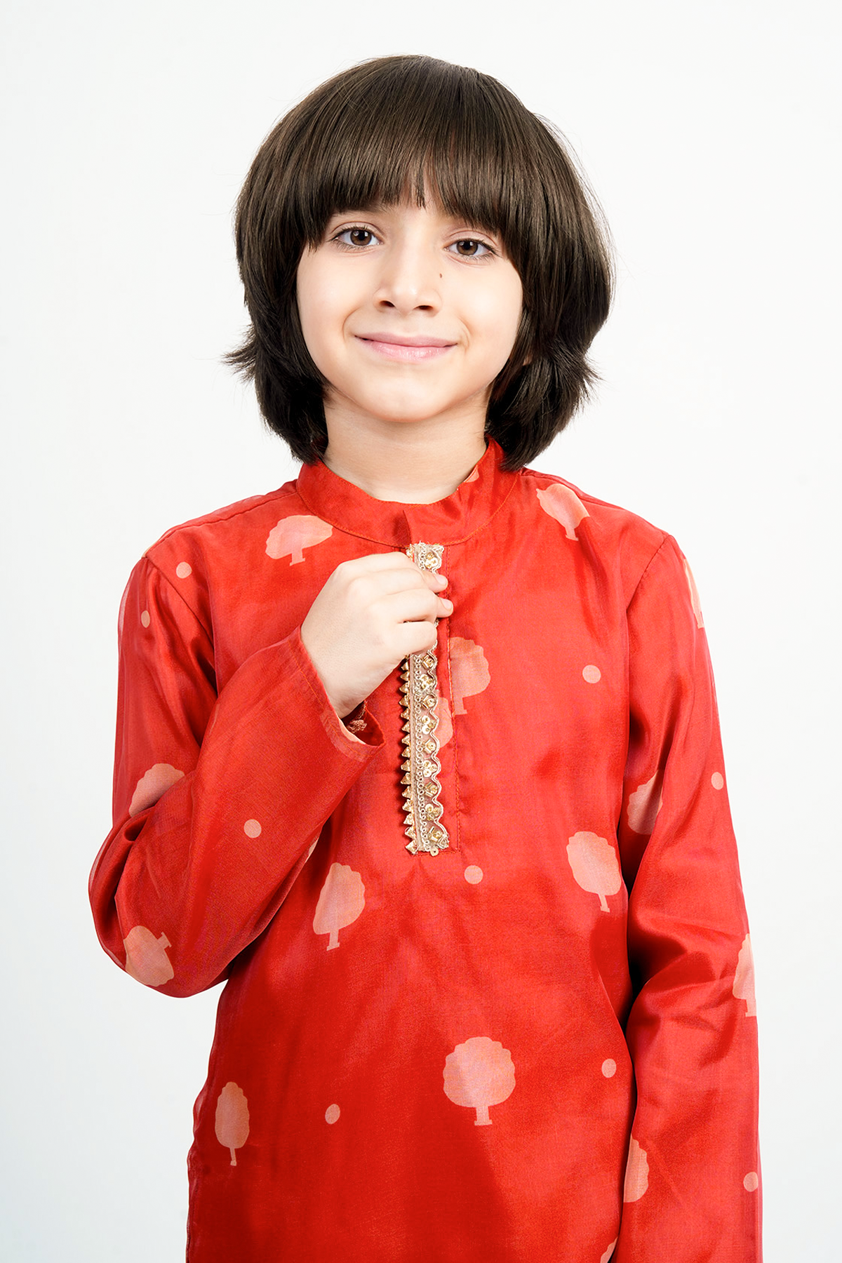 Piccolo Boys Organza Tree Motif Kurta and White Payjama Set-Orange