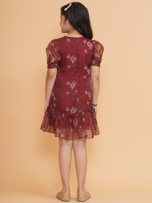 PICCOLO Floral Organza Ruffle Detailed Dress- Maroon
