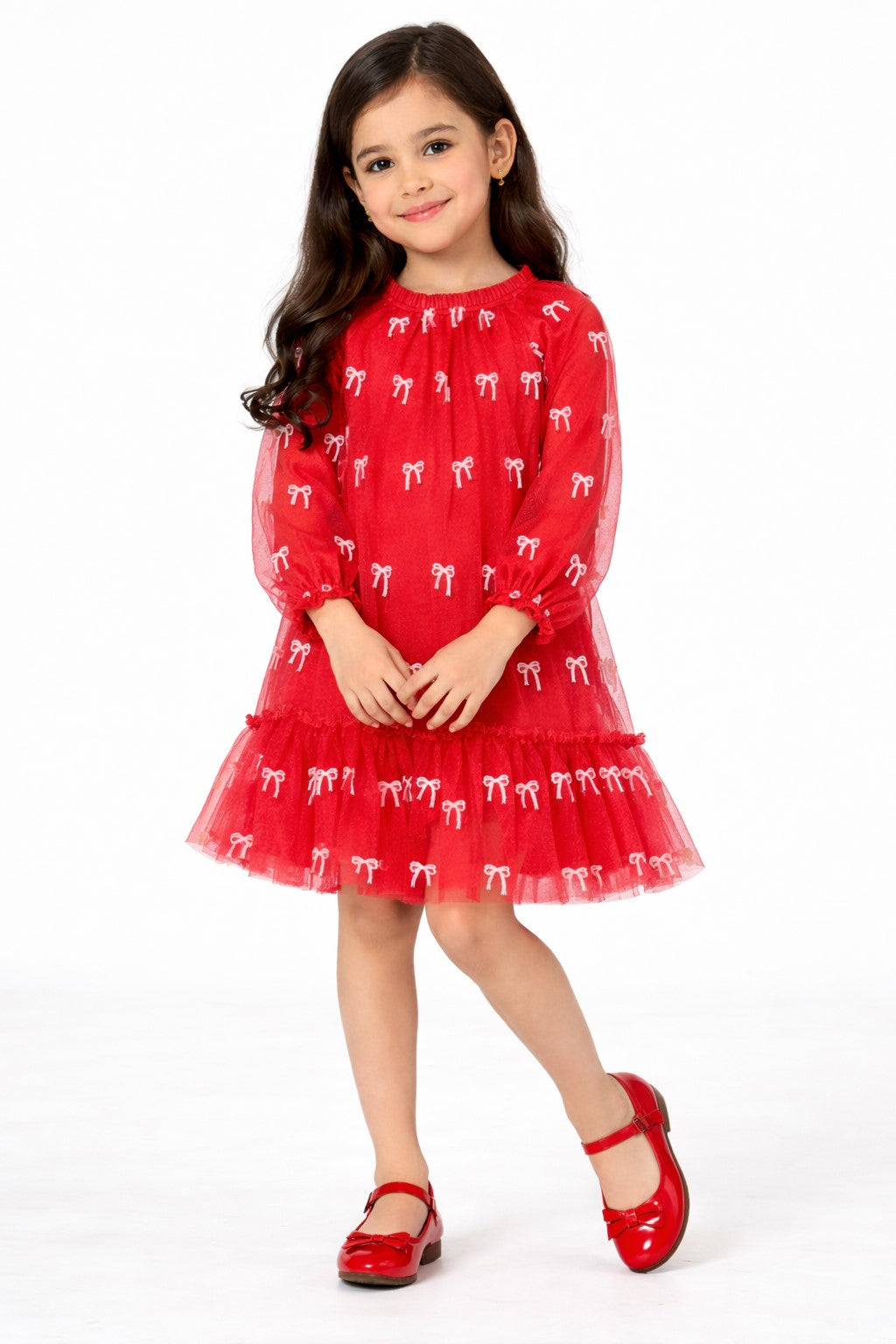 Floral Print Puff Sleeve Net A-Line Dress-red