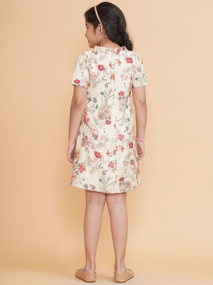 PICCOLO Floral Ruffled Neck Dress- cream