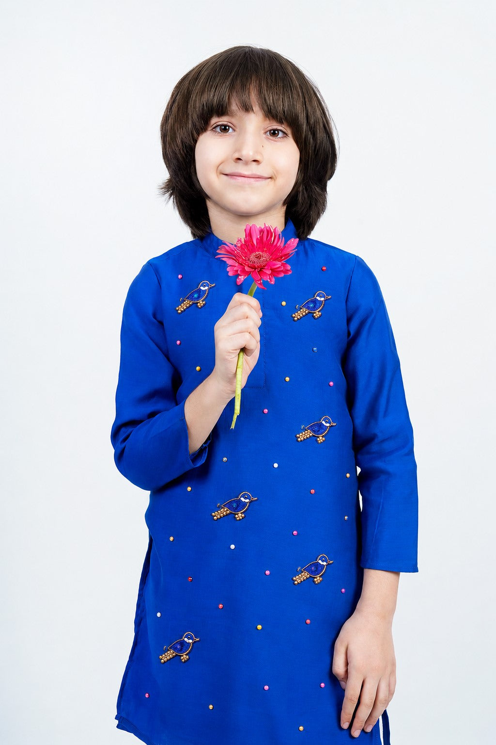 Piccolo Boys Royal Blue Bird Appliqué Kurta and White Payjama Set