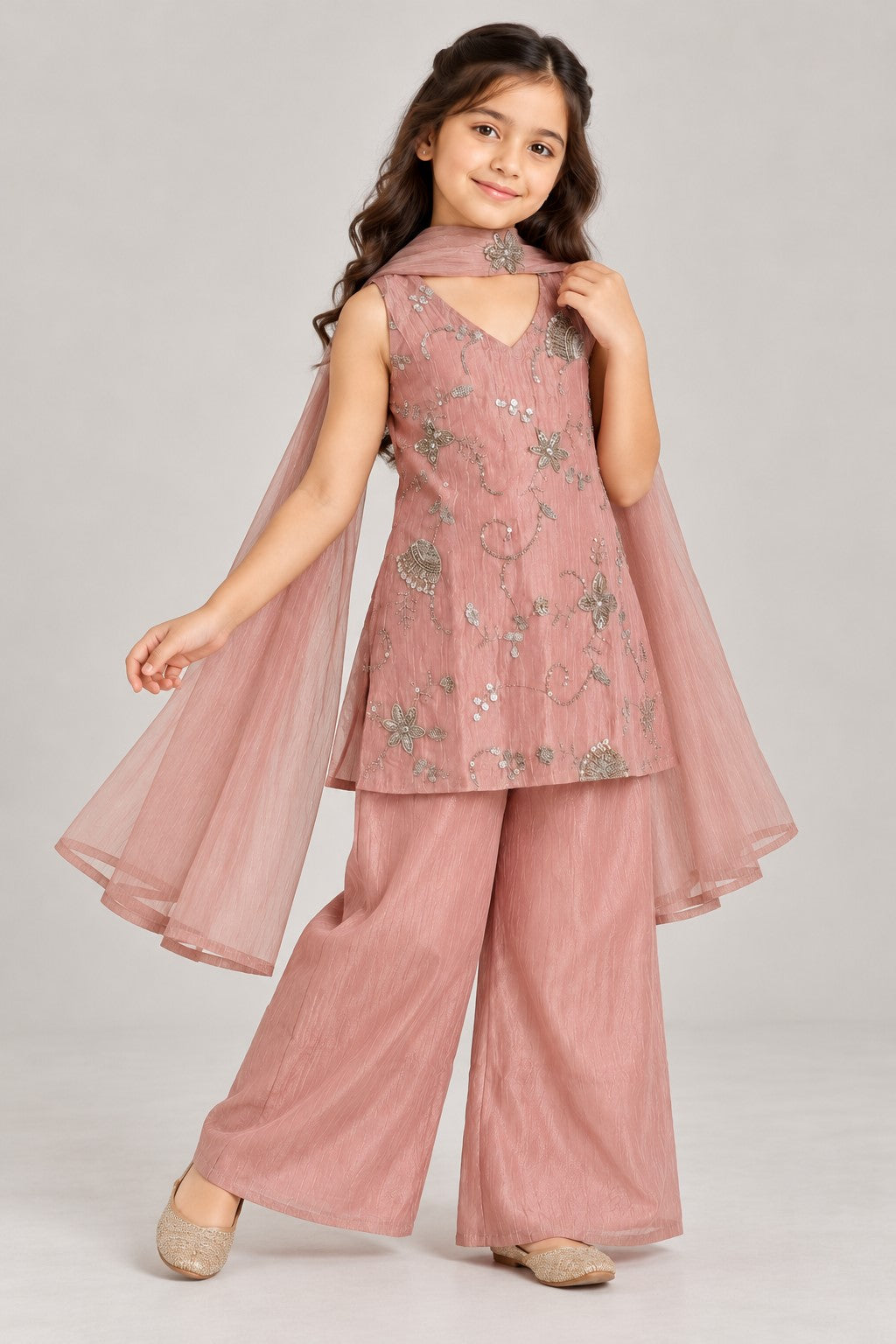 Piccolo Tissue Embroidered Kurta, Pant & Dupatta Set-Peach