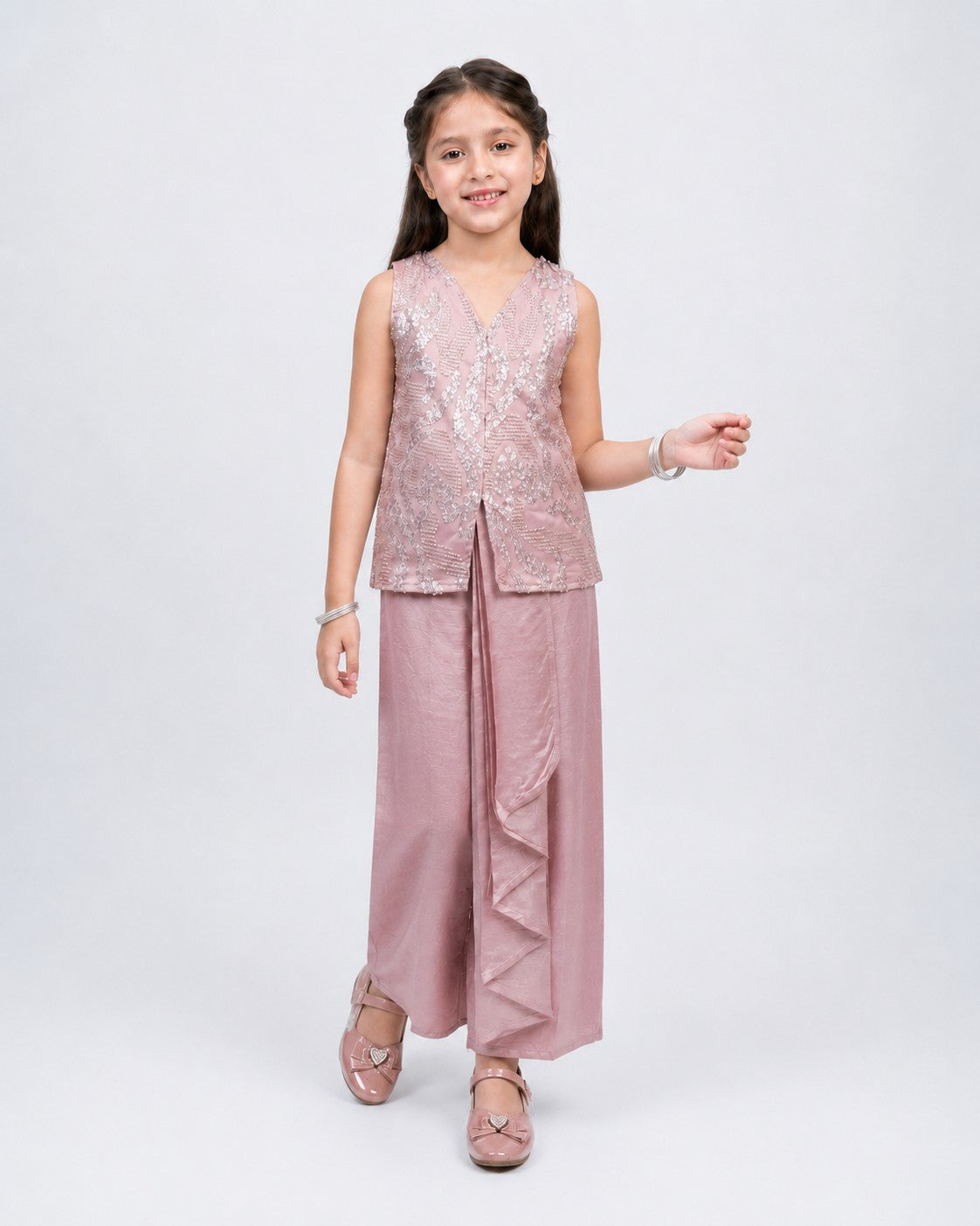 Piccolo Sequin-Embellished Top & Draped Skirt Set-Pink
