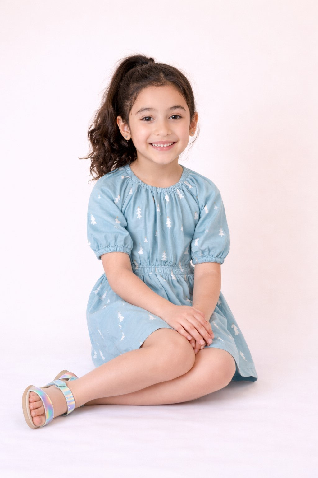 Girls Blue Christmas Tree Print Dress