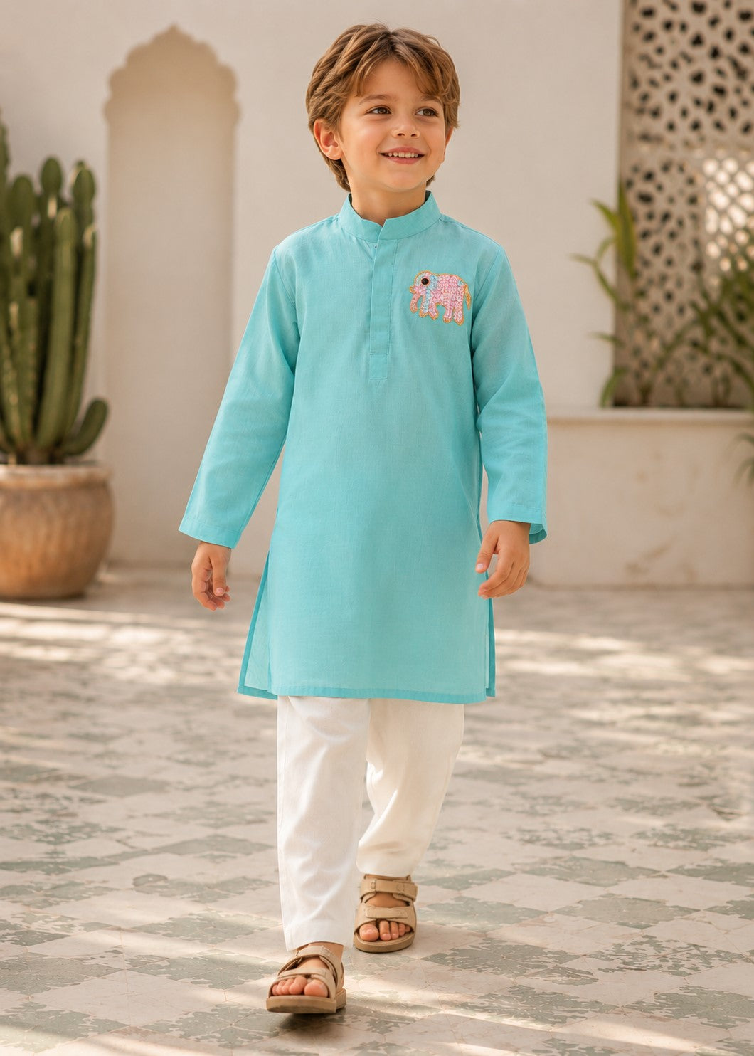 Piccolo Mul Chanderi Elephant Applique Kurta Pyjama Set – Aqua Blue
