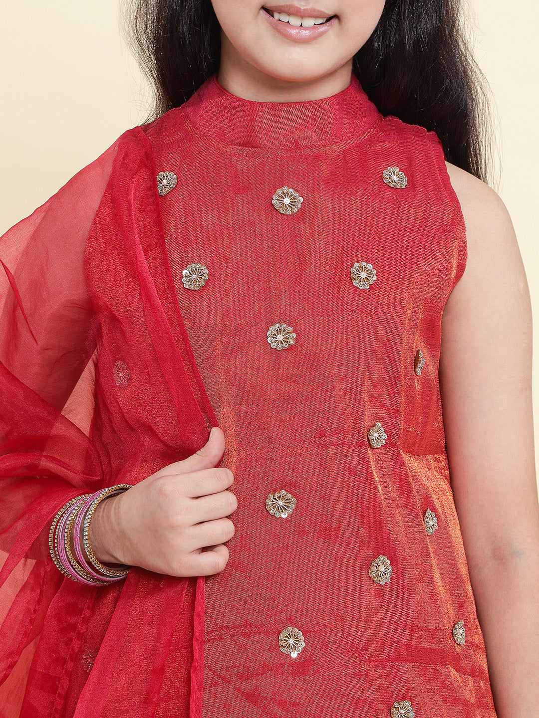 PICCOLO Tissue Silk Handwork Choli with Pleated Lehenga & Organza Dupatta Set-Rust