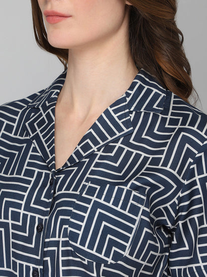 DRAPE IN VOGUE Women Navy Blue &amp; White Printed Night suit