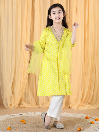 Silk Brocade Kurta with Pant and Dupatta Yellow (Set of 3)