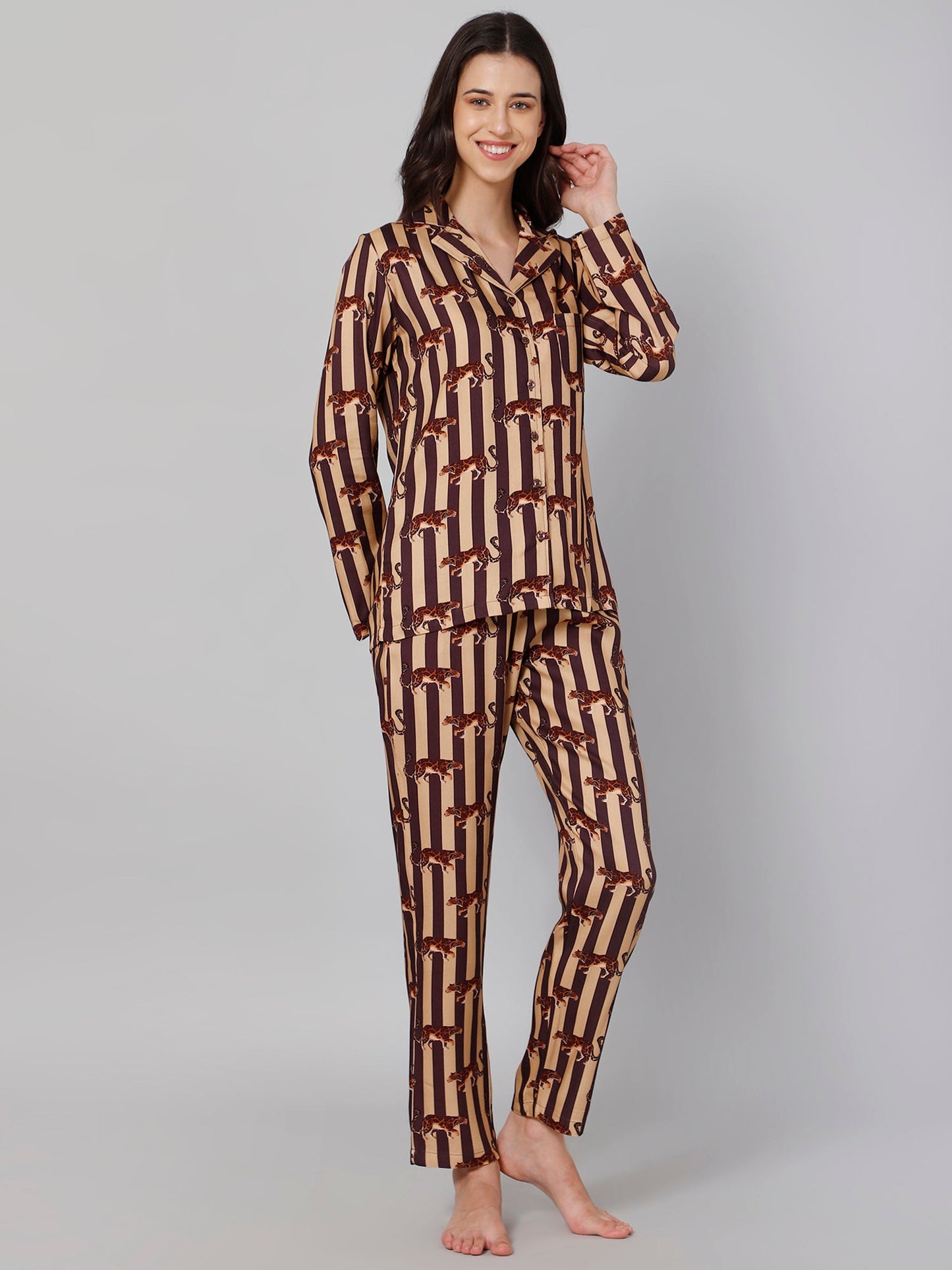 Women Brown &amp; Beige Striped Night suit