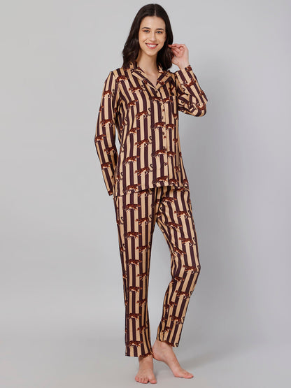 Women Brown &amp; Beige Striped Night suit