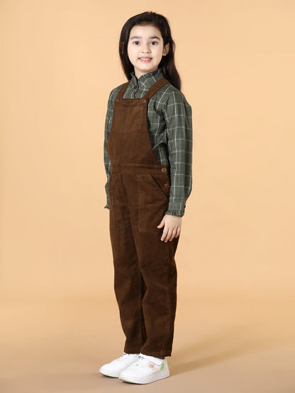 Girls Checked Top with Corduroy Dungaree Set