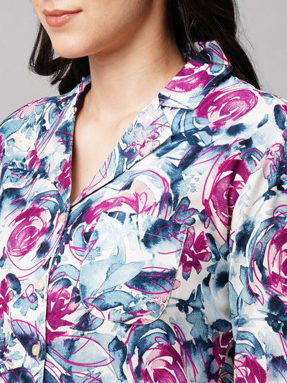 Women Floral Printed Lapel Collar 2 Piece Night suit