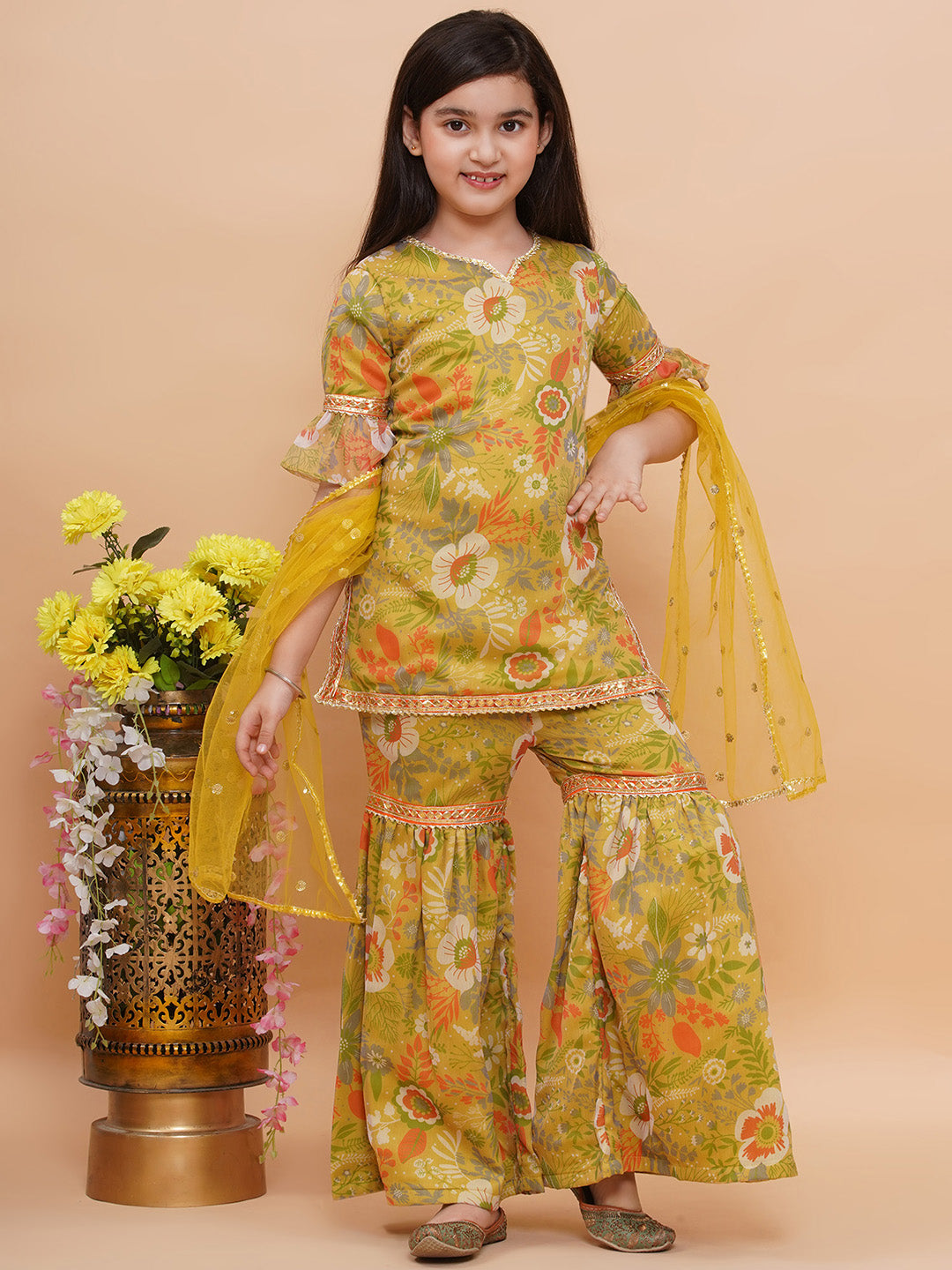 Girls Yellow Floral Motif Chiffon Kurta And Sharara Set With Dupatta