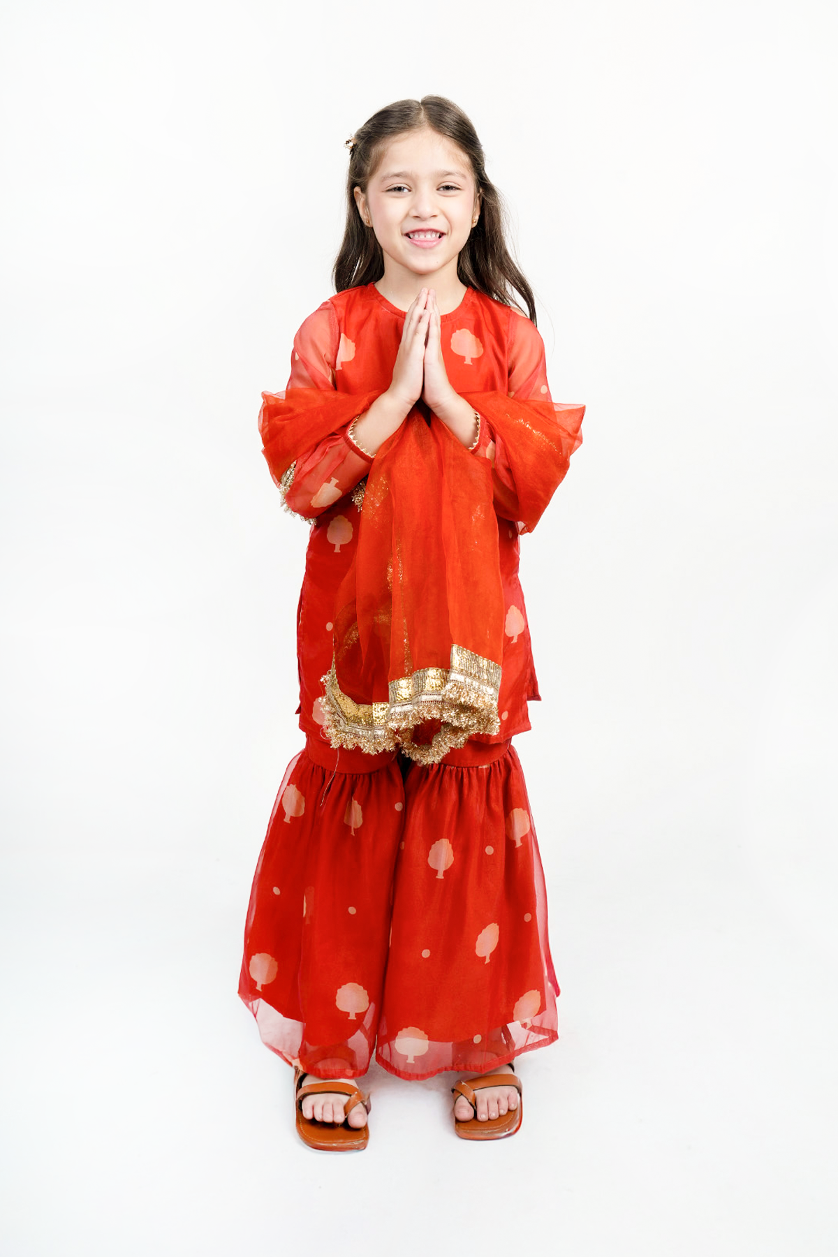 Piccolo Organza Printed Kurta, Sharara & Dupatta Set-Orange